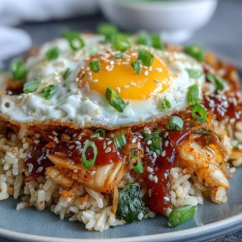 Spicy kimchi cabbage fried rice with a golden fried egg, garnished with sesame seeds and green onions.  