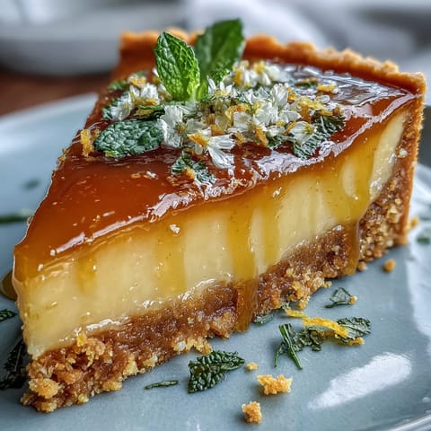 Elegant lemon tart with tangy homemade lemon curd and crisp pastry shell, garnished with fresh edible blooms for spring.  