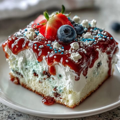 Vibrant Memorial Day Red White Blue Poke Cake with swirls of red and blue gelatin in fluffy white cake, topped with whipped cream and sprinkles.