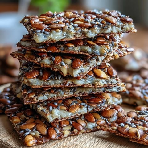 Golden baked seed crackers featuring a blend of chia, flax, and sesame seeds, offering a crunchy, gluten-free snack option.