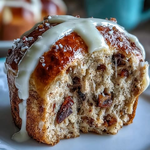 Warm homemade hot cross buns topped with a sweet white cross, ideal for sharing with family and friends.  