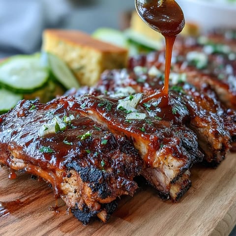 Tender Father's Day BBQ ribs, glazed with three savory sauces, ready for feasting.
