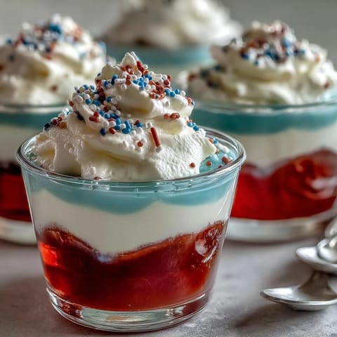 Vibrant alcohol-free 4th of July Firecracker Jello Shots ready for partygoers.