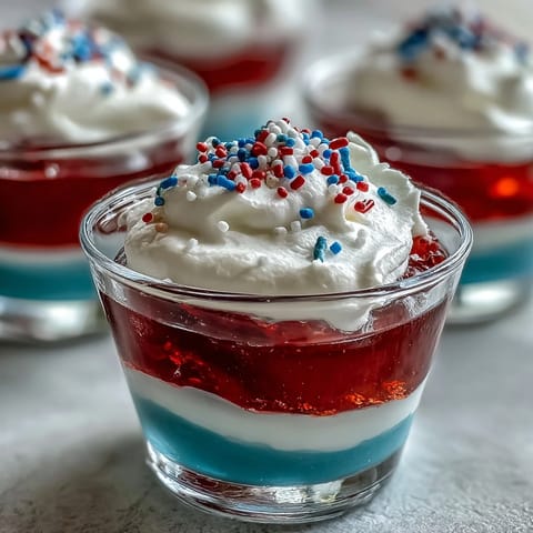 Red, white, and blue layered 4th of July Firecracker Jello Shots sparkle.