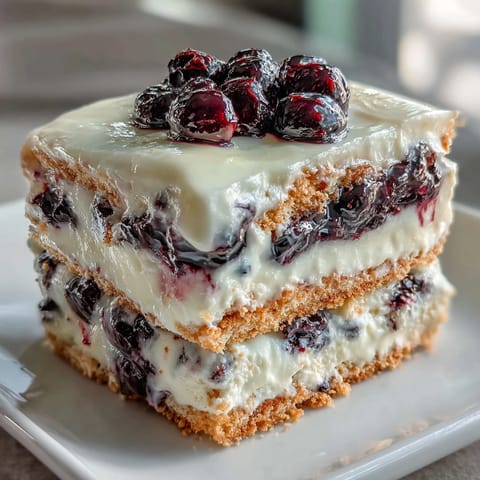 Showcasing a slice of chilled Lemon Blueberry Icebox Cake with vibrant berries and creamy filling.