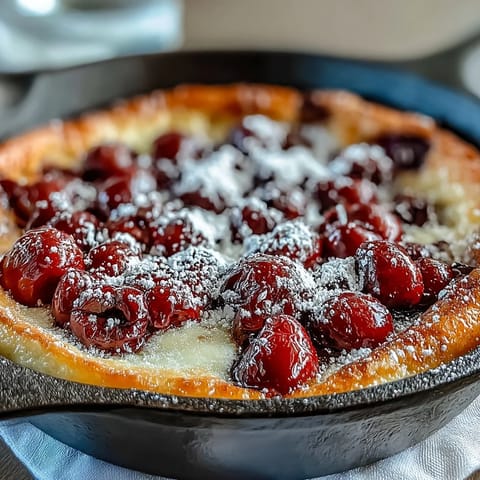 Baked fresh cherry clafoutis bubbling golden brown, studded with sweet fruit.