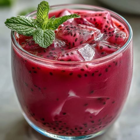 Vibrant pink Dragon Fruit Lemonade with Chia Seeds, served over ice with mint.