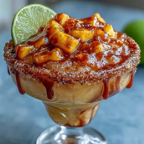 Frozen mango chamoyada recipe adorned with spicy Tajín and fresh fruit.