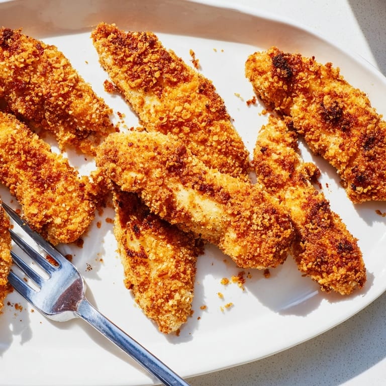 Juicy, oven-baked chicken tenders with a crispy coating, served alongside ranch and honey mustard sauces.