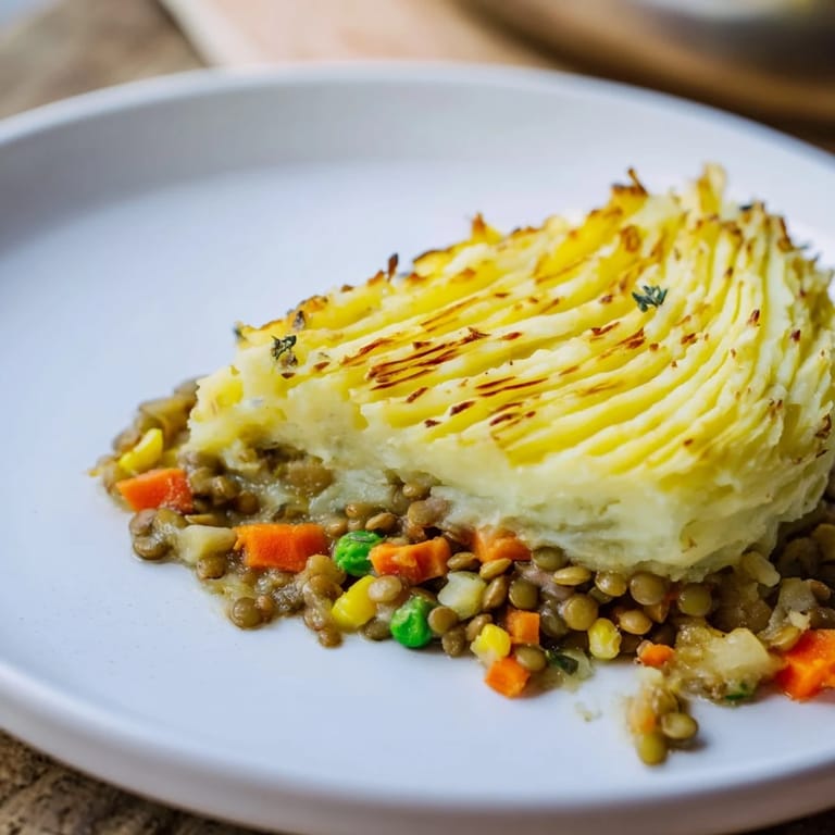 Enjoy a steaming slice of Hearty Lentil Shepherd's Pie with a perfectly browned potato topping.
