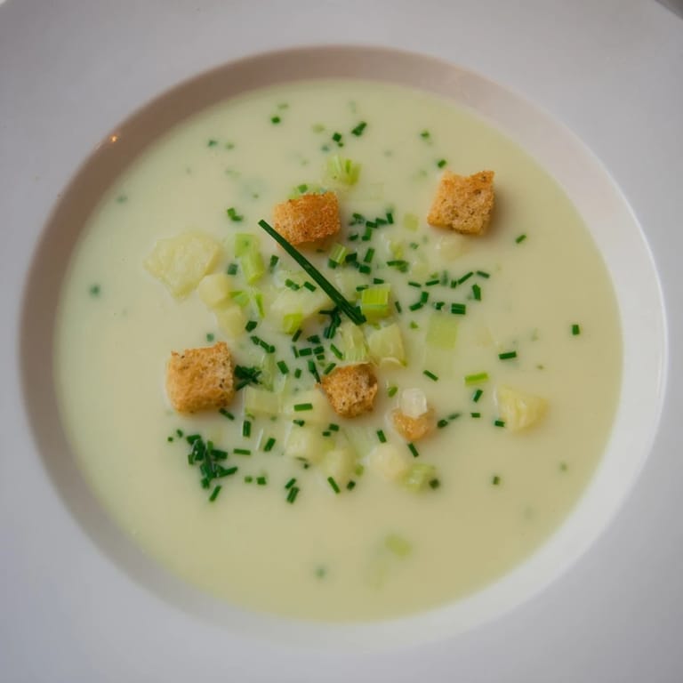 Steaming bowl of Quick & Simple Potato and Leek Soup ready to warm you up on a chilly evening.