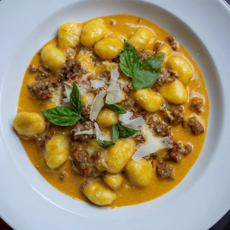Savory Creamy Tomato and Sausage Gnocchi, garnished with fresh basil, ready for a delicious Italian dinner.