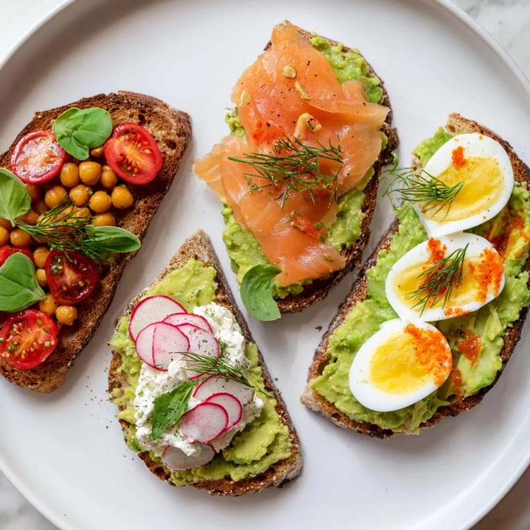 A close-up of beautifully arranged avocado toast with diverse toppings, perfect for a quick snack.
