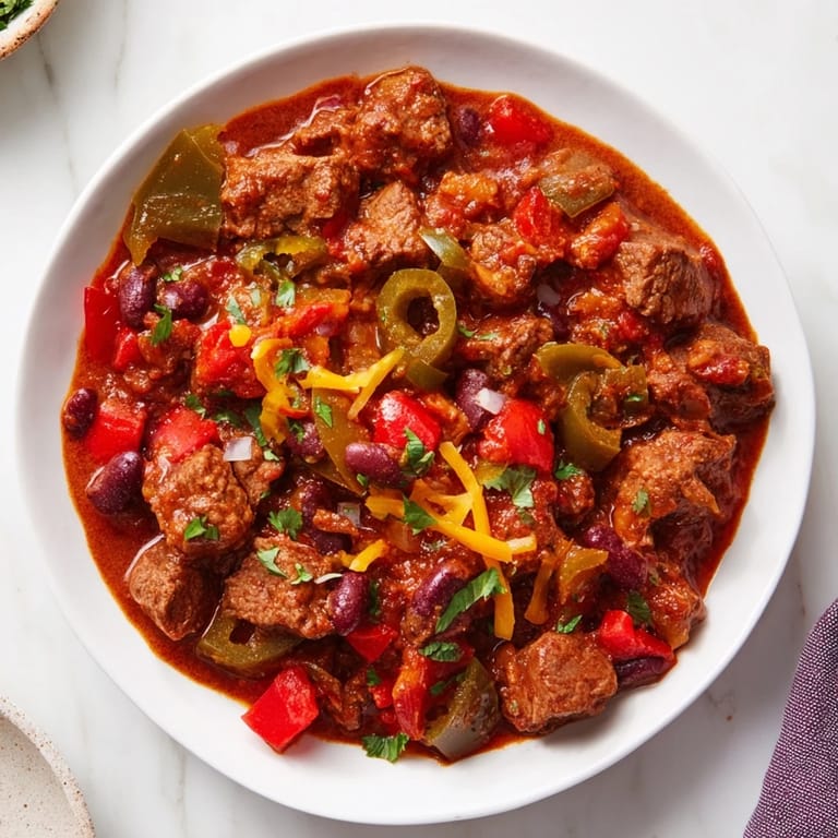This hearty Winter Warming Chili con Carne has tender beef and colorful vegetables, great for chilly evenings.