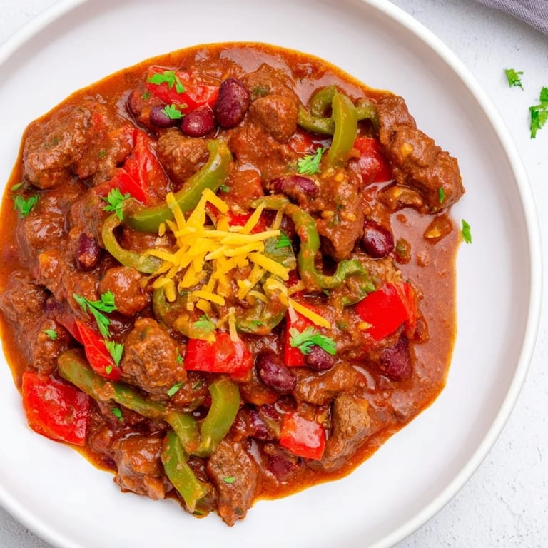 A close-up of Winter Warming Chili con Carne, with a spoonful ready to be garnished with fresh cilantro.