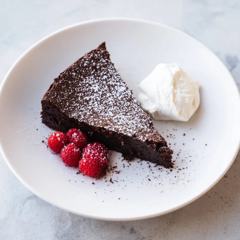 A fudgy and dense decadent flourless chocolate cake, perfect served with a dollop of whipped cream on each slice.