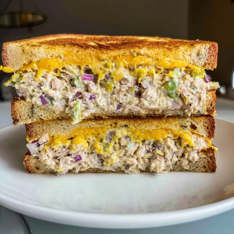 A close-up of a perfectly toasted Classic Tuna Melt Sandwich, filled with creamy tuna salad.