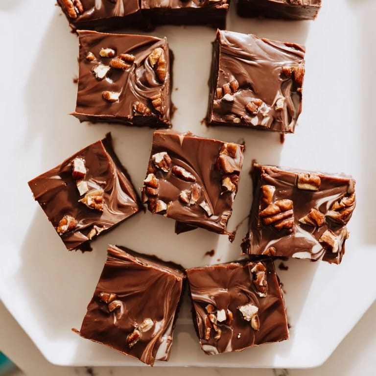 Square pieces of easy chocolate fudge, a perfect dessert, ready to be shared with friends and family.