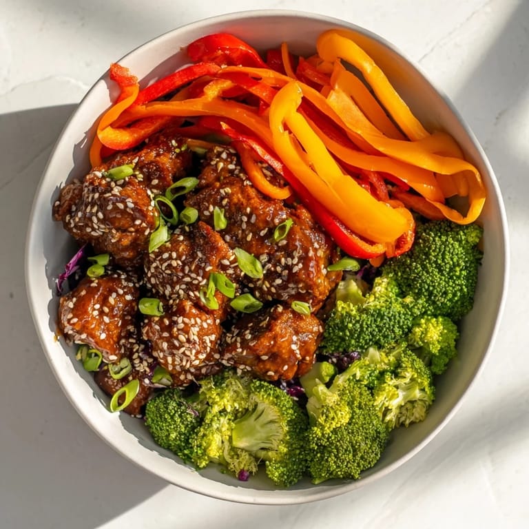 A close-up of a delightful Sheet Pan Chicken Stir-Fry, with sesame seeds scattered across.