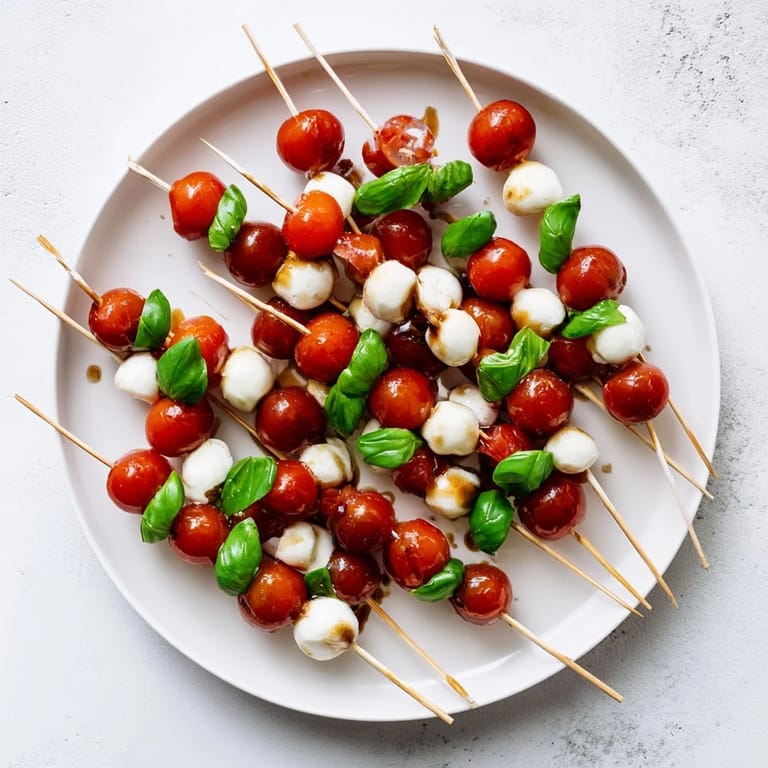 These Fresh Caprese Salad Skewers feature bright red tomatoes, creamy mozzarella, and a balsamic drizzle.