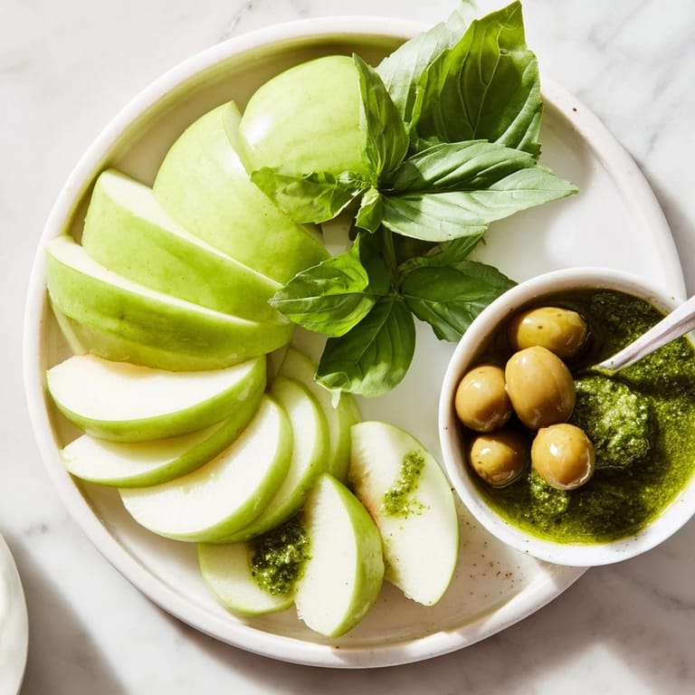 Delightful Emerald City snack board featuring Granny Smith apples with pesto and fresh green limes.