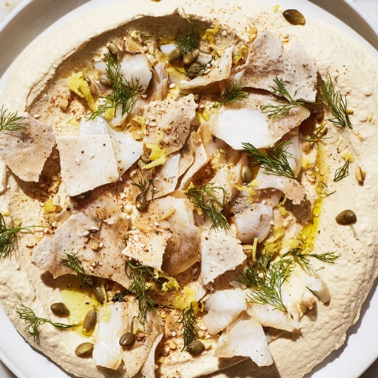 Delectable The Driftwood Beach appetizers feature smoked fish pieces atop hummus "shoreline" with crackers.