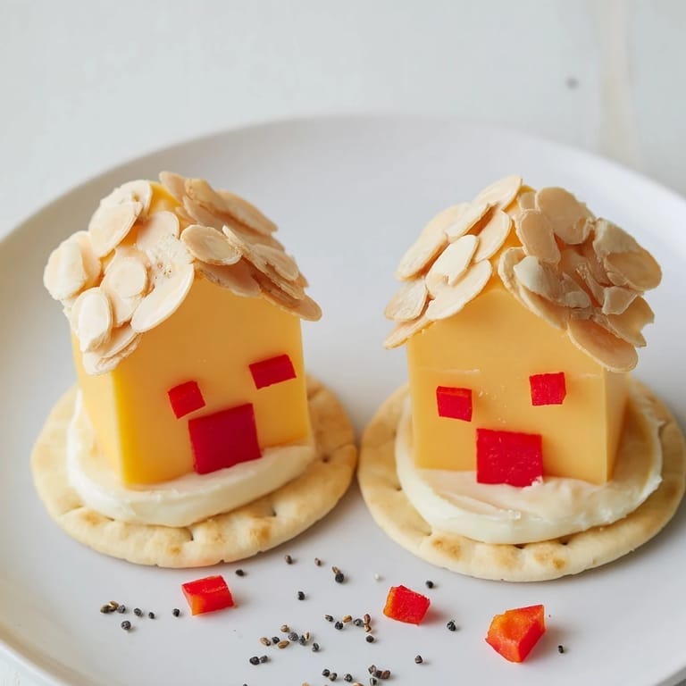 Festive Alpine Village appetizer showcasing miniature cheese houses atop snowy crackers, perfect for a party.
