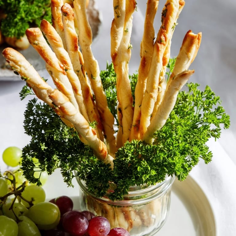 Clear jars hold upright breadsticks, creating "The Vertical Forest" scene with grapes and parsley for a party.