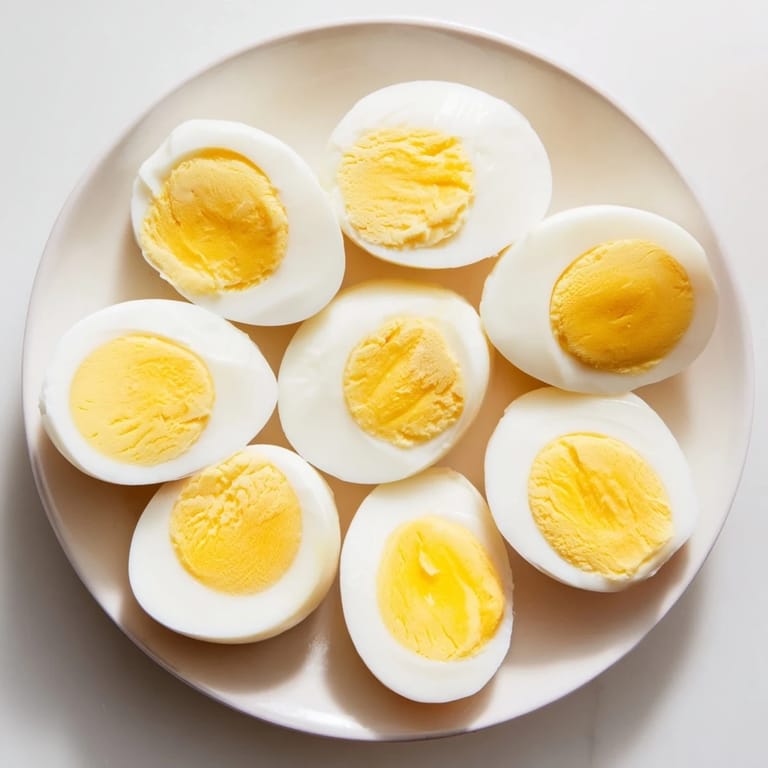 These perfectly cooked hard-boiled eggs feature firm whites and creamy centers, perfect for deviling or salads.