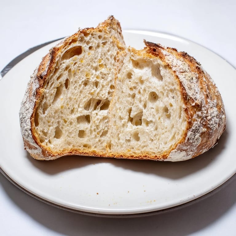 Warm, appetizing no-knead bread, The Best Easy No-Knead Bread, freshly baked, ready to be enjoyed with butter.