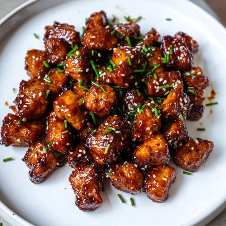 Beautifully plated Air Fryer Turkey or Chicken Bites, garnished with sesame seeds, embodying American-Asian fusion cuisine.