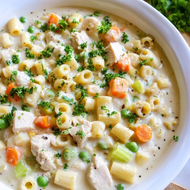 A warm bowl of Chicken Pot Pie Pasta Soup, garnished with parsley, ready for a delicious dinner.