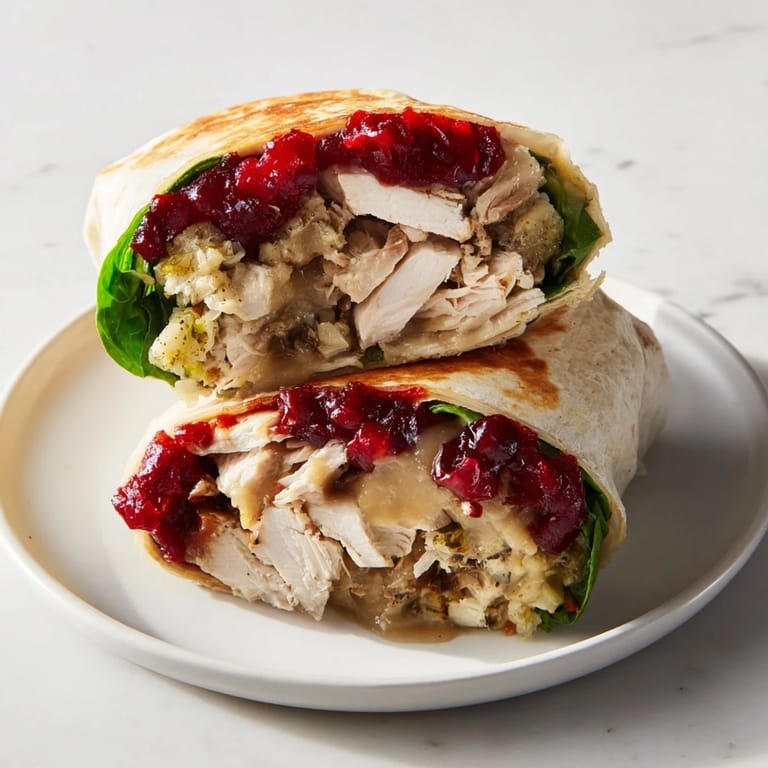 A close-up of a perfectly toasted Moist Maker Chicken Wrap, showing a delicious cross-section of fillings and textures.