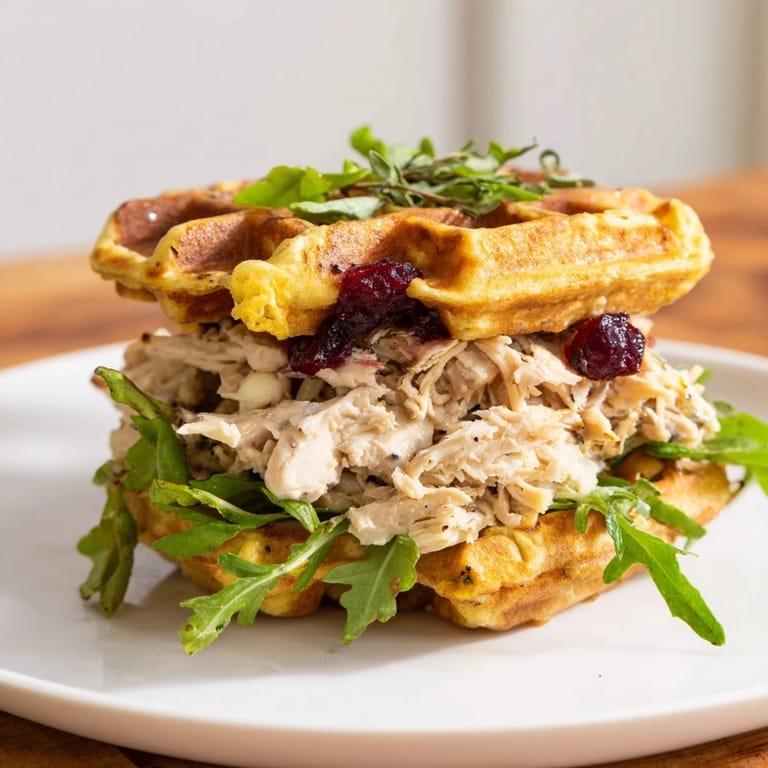 Close-up of a delicious stuffing waffle chicken slider with vibrant cranberry mayo, tempting the senses.
