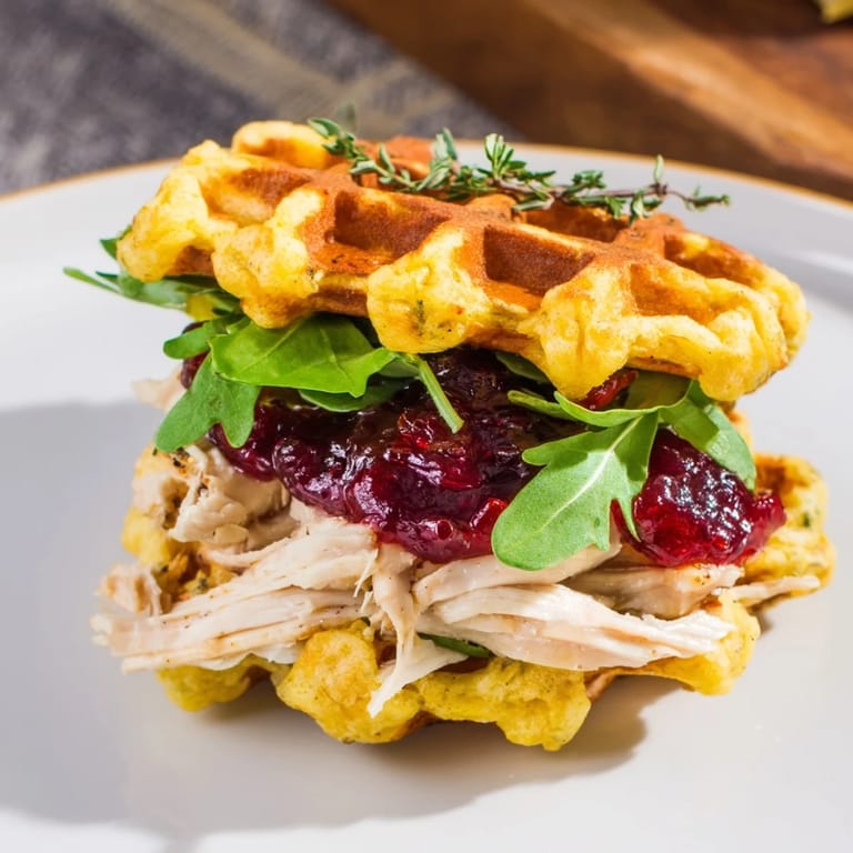 Golden-brown stuffing waffle chicken sliders piled high, showcasing the warm, flavorful filling.