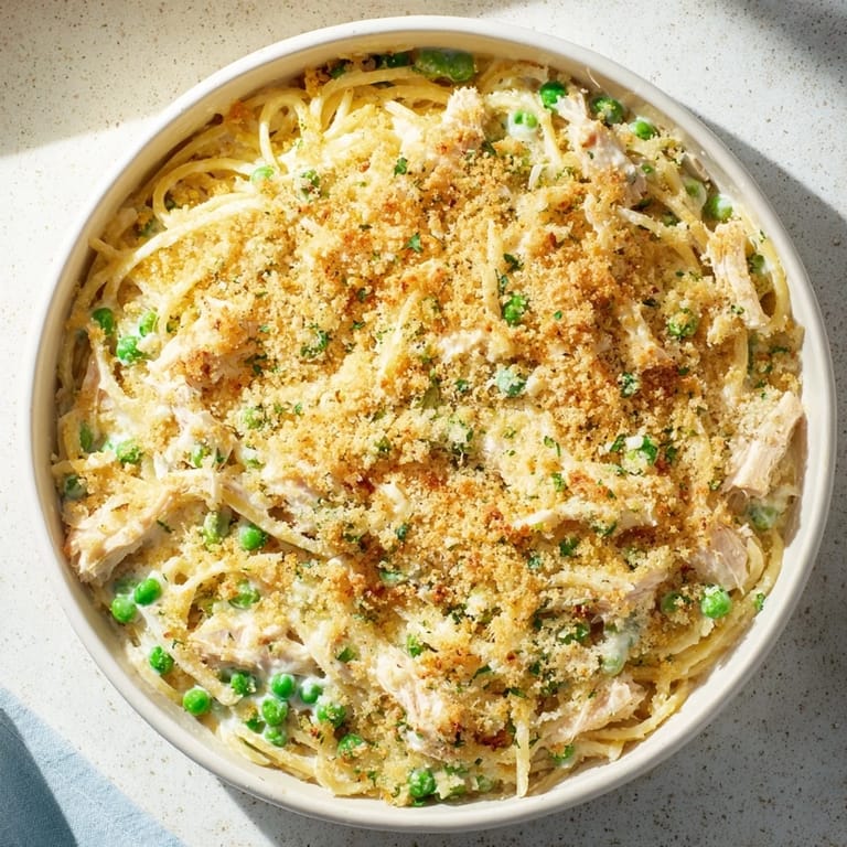 A close-up of a bubbling Turkey or Chicken Tetrazzini bake, ready to be served from the pan.