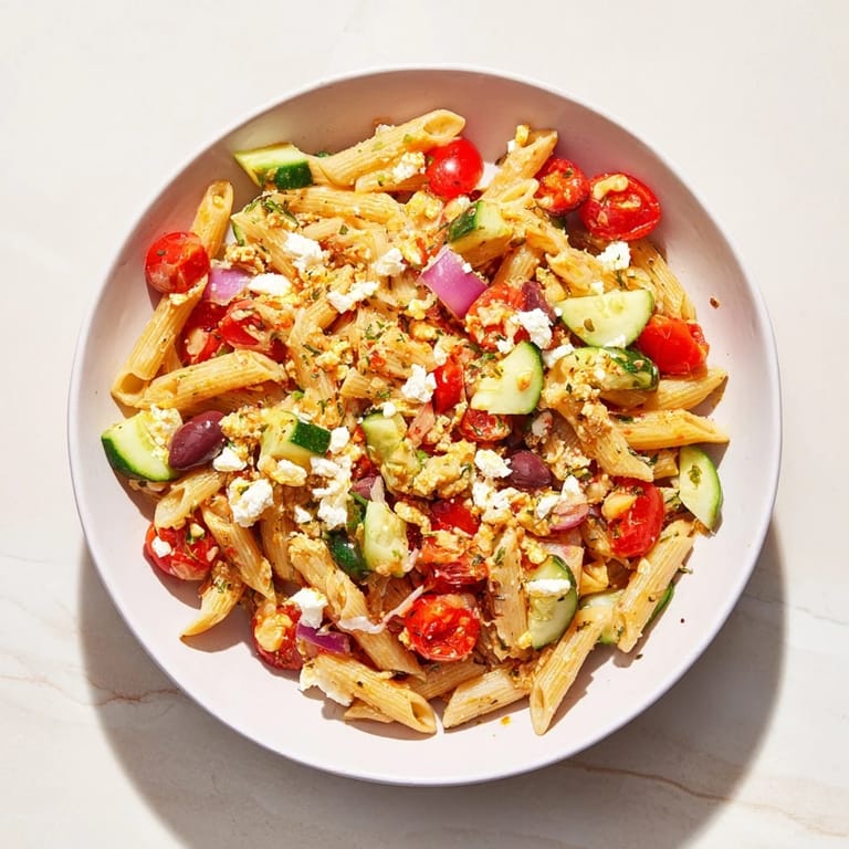 A chilled bowl of Mediterranean pasta salad with chickpeas, tossed in a zesty olive oil dressing.