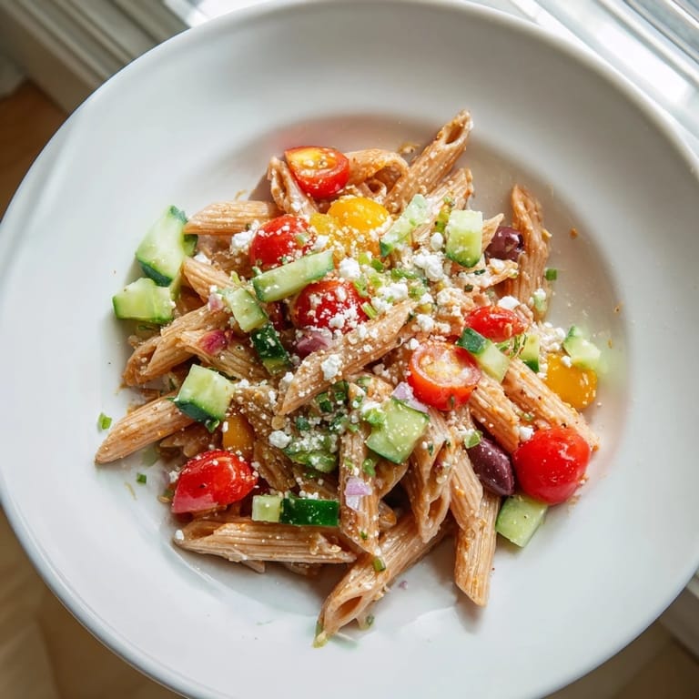This Mediterranean pasta salad with chickpeas showcases colorful ingredients, perfect for a refreshing meal.