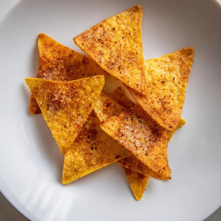 Golden brown homemade air-fryer tortilla chips, ready to crunch, ideal with a flavorful dip.