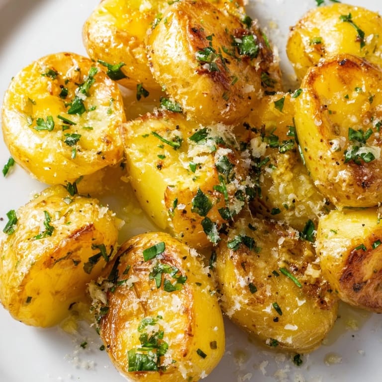 Close-up of garlic-herb Parmesan smashed potatoes, showing fluffy insides and crunchy, savory appeal.