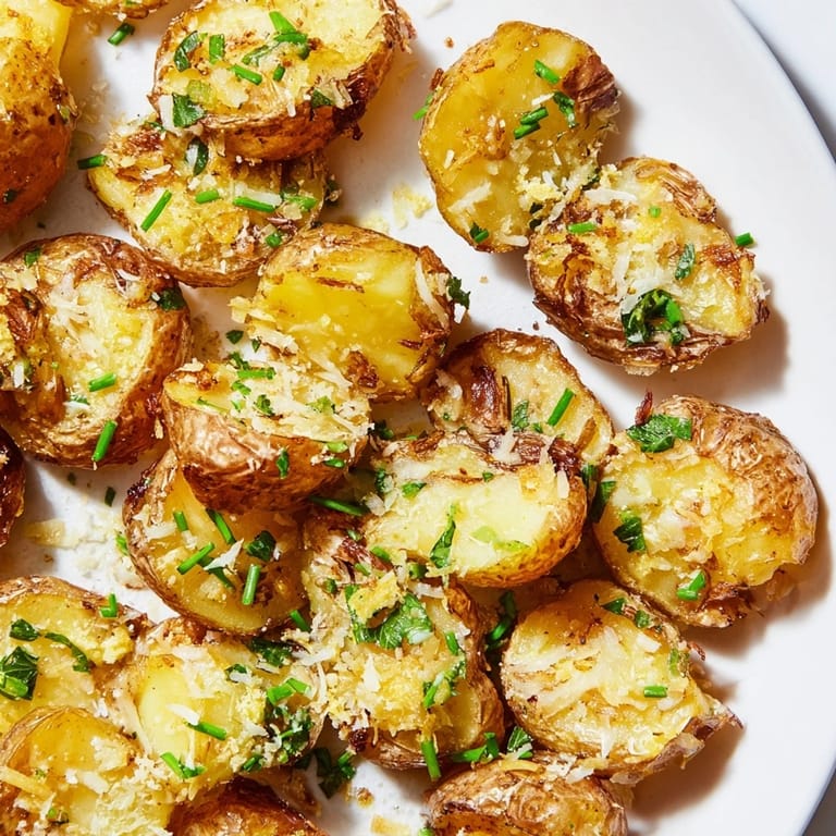 A serving of warm Parmesan smashed potatoes, sprinkled with parsley, a simple yet delicious side dish.