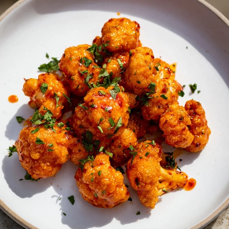 Golden-brown Sriracha-Buffalo Cauliflower Bites sizzling with Buffalo sauce, served with fresh herbs and dip.