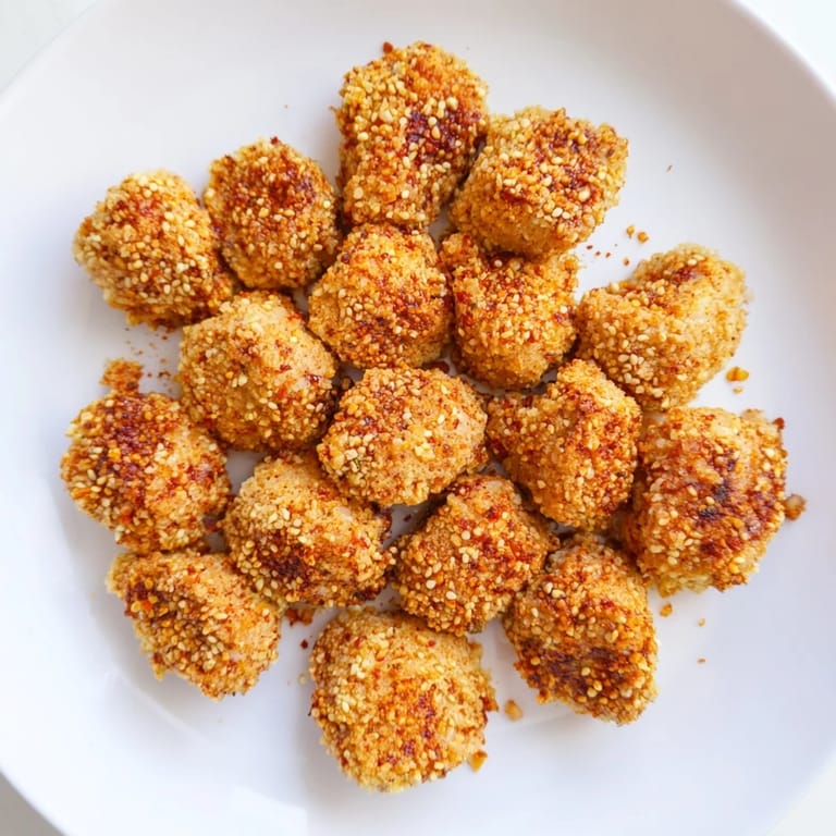A close-up of Spicy Yogurt Chicken Bites: golden, baked chicken pieces dusted with sesame seeds.