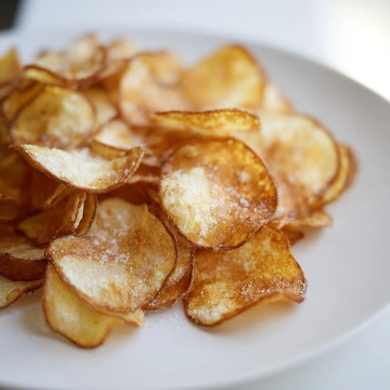 Thin, golden-brown air-fryer potato chips, lightly salted and perfect for dipping into your favorite sauce.