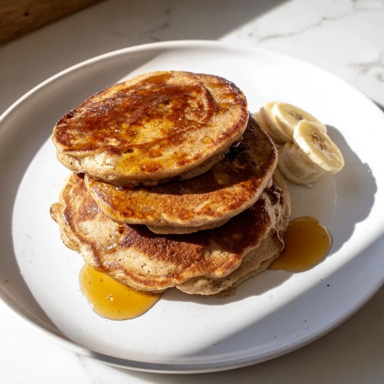 Stack of fluffy Protein Banana Pancakes, showcasing the texture, ready to be topped and devoured.