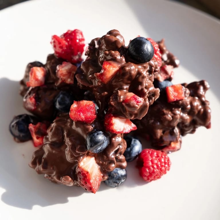 A close-up of decadent chocolate yogurt clusters, showing the dark chocolate coating on each bite.