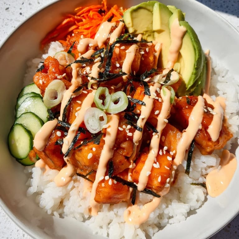 Bright, flavorful Salmon Bites Bowl with creamy sauce, fresh veggies, and sesame seeds for a delicious lunch.