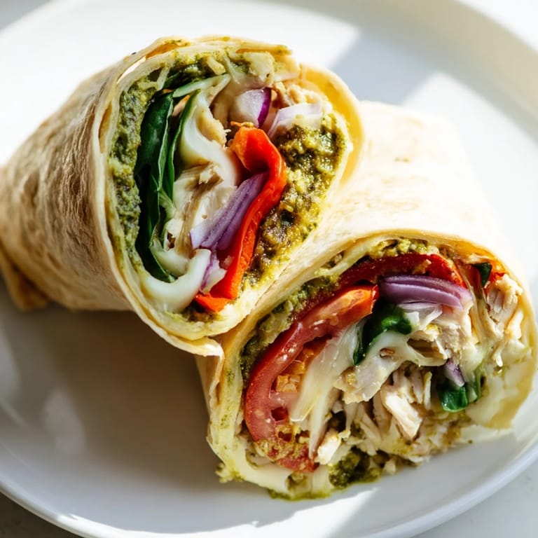 This satisfying Pesto Chicken Wrap features a beautifully rolled tortilla packed with flavorful goodness.