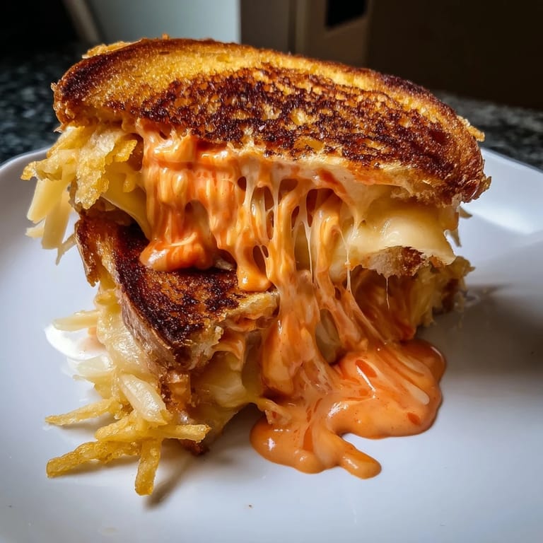 Enjoy a close-up of a delightful Spiked Grilled Cheese, crispy and spicy, a comforting American classic.