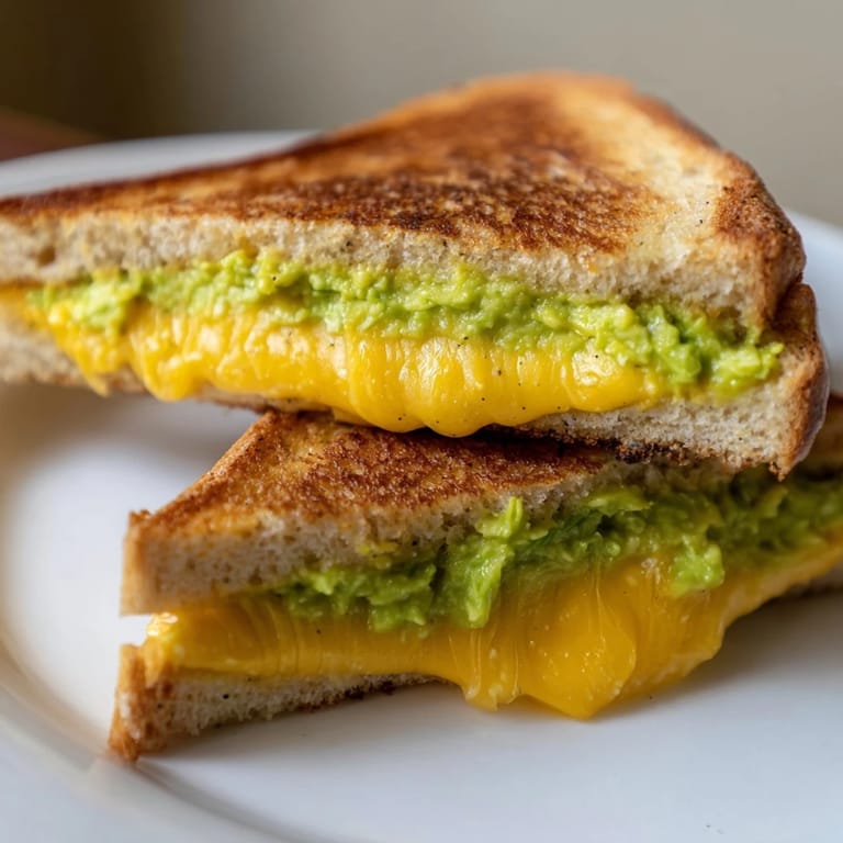 A close-up shot of a savory Avocado Toast Grilled Cheese, sliced and ready to enjoy with a side.
